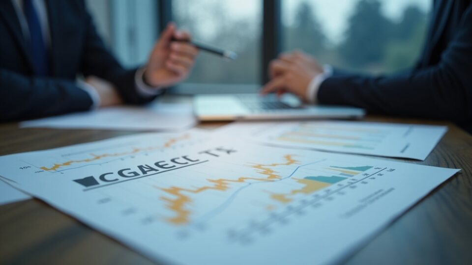 Photorealistic desk scene showing Zcash logo on ETF prospect sheets, rising charts, and a regulator silhouette.