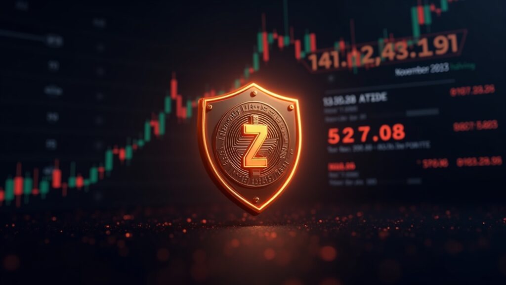 A Zcash shield envelops a coin; ticker 527.8 in a trading room, countdown to the 2025 halving.