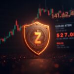 A Zcash shield envelops a coin; ticker 527.8 in a trading room, countdown to the 2025 halving.