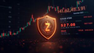 A Zcash shield envelops a coin; ticker 527.8 in a trading room, countdown to the 2025 halving.