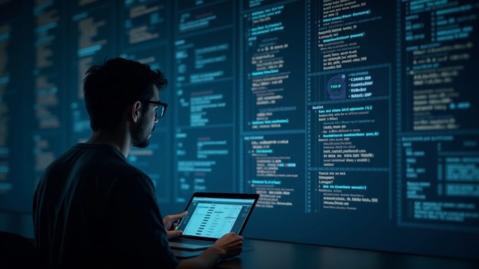 Programmer looking at a translucent screen with shielded Zcash transactions, Orchard and NU5, halving countdown.