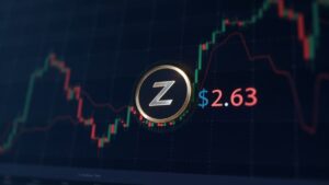 Zcash logo on a digital trading screen with an ascending chart and halving countdown, evoking privacy and regulation.