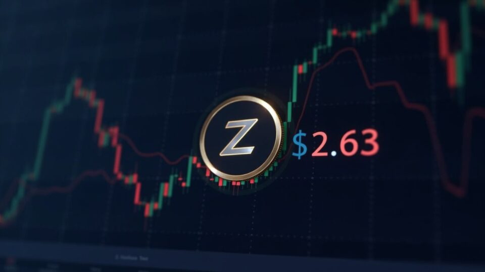 Zcash logo on a digital trading screen with an ascending chart and halving countdown, evoking privacy and regulation.