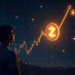 Illuminated Zcash logo alongside an ascending chart, Fibonacci lines, a privacy shield and regulatory silhouettes.