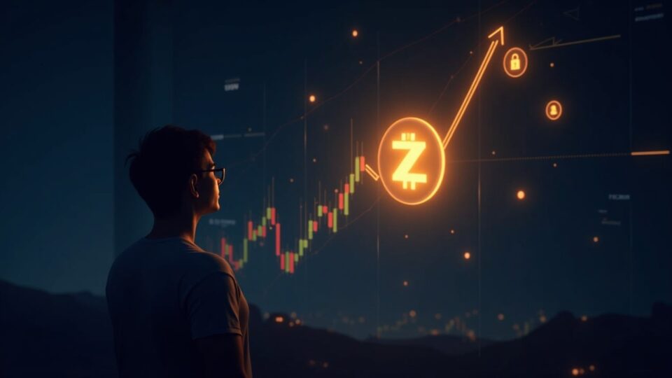 Illuminated Zcash logo alongside an ascending chart, Fibonacci lines, a privacy shield and regulatory silhouettes.