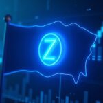 Cryptocurrency price chart with a bullish flag, ZEC symbol glowing in the center, neon blue tone.