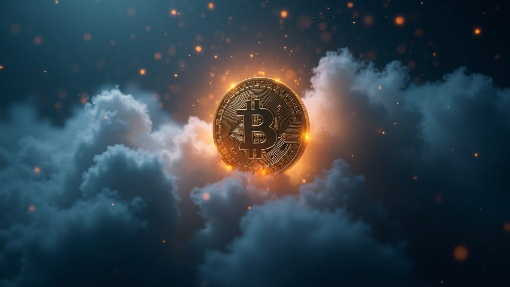 ZEC coin in the foreground emerges from digital fog, aura of protected transactions and market charts, privacy versus regulation.