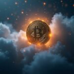 ZEC coin in the foreground emerges from digital fog, aura of protected transactions and market charts, privacy versus regulation.