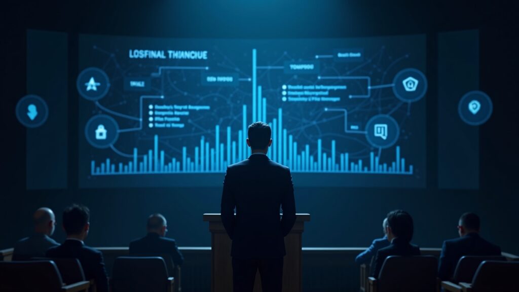 Photorealistic figure at a podium in a governance chamber, blue holographic charts show treasury vs development fees.