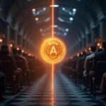 Glowing AAVE-like token at center; left: crowded governance chamber, right: secure institutional vault.