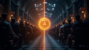 Glowing AAVE-like token at center; left: crowded governance chamber, right: secure institutional vault.