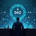 Photorealistic scene of a central figure at a DAO governance desk with holographic revenue streams to an external wallet, Aave branding