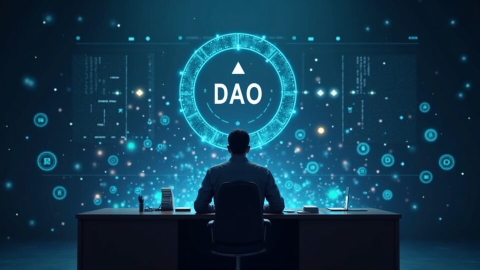 Photorealistic scene of a central figure at a DAO governance desk with holographic revenue streams to an external wallet, Aave branding