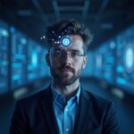 Photorealistic crypto founder before a holographic AAVE-like token with governance vote screens, split DAO-Labs backdrop