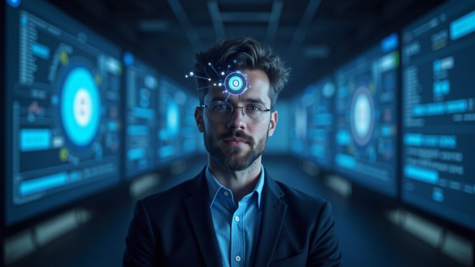 Photorealistic crypto founder before a holographic AAVE-like token with governance vote screens, split DAO-Labs backdrop