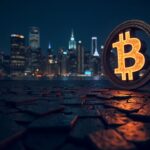 Nighttime cityscape with glowing Bitcoin symbol and a large clock, evoking after-hours crypto ETF scrutiny.