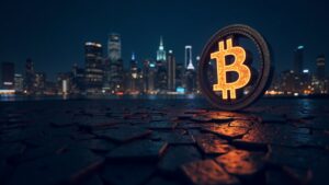 Nighttime cityscape with glowing Bitcoin symbol and a large clock, evoking after-hours crypto ETF scrutiny.