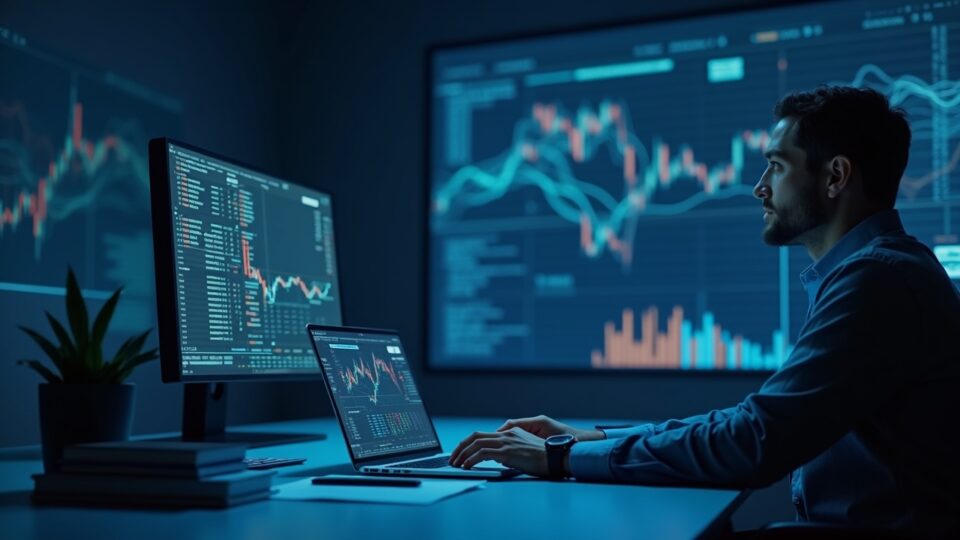 Photorealistic AGI trader at a console with crypto charts, decentralized network lines, under newsroom lighting.