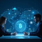 Photorealistic negotiator at a crypto-news desk with a holographic contract between AI-Disney and Google-like brands.