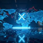 Photorealistic newsroom with an AI hologram projecting XRP, SOL and ADA price bands over a global markets map.