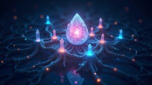 Photoreal crystal orb at center linked to a multi-branch neural network with color hardware, software, cloud, data pillars