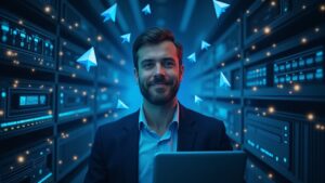 Photorealistic scene: tech executive with TON logo, GPU racks, neural networks, and Telegram branding.