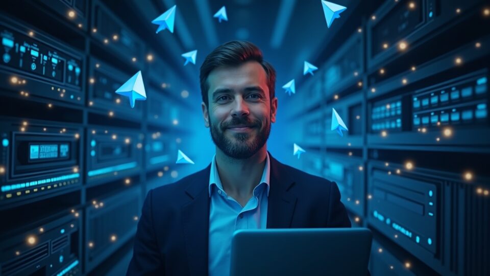 Photorealistic scene: tech executive with TON logo, GPU racks, neural networks, and Telegram branding.