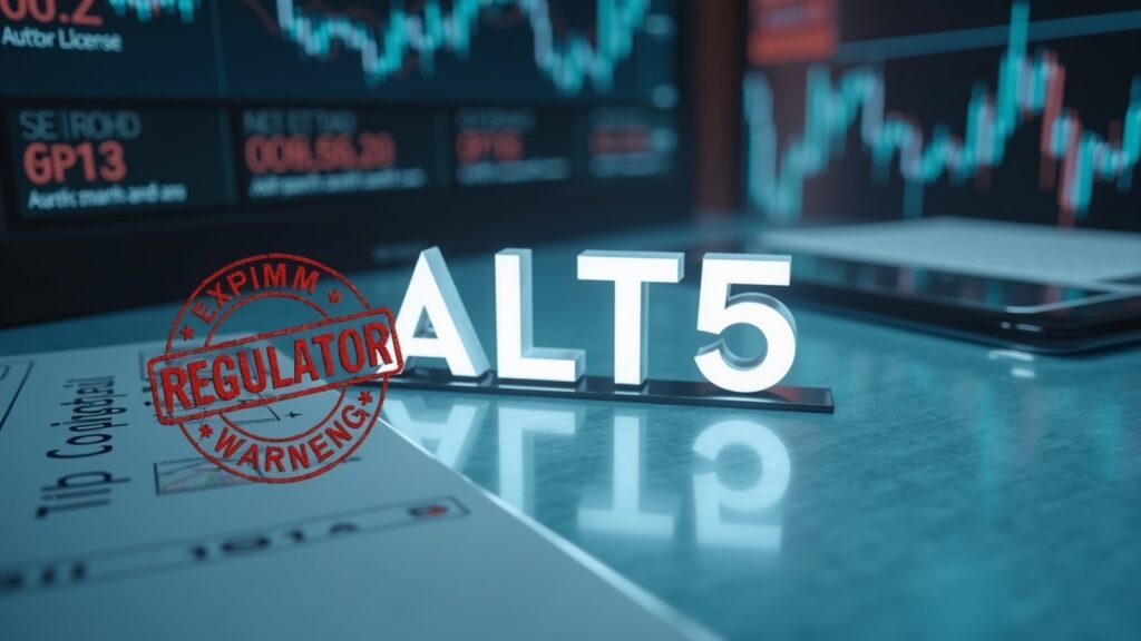 Photorealistic ALT5 Sigma logo on a glass desk, regulatory stamp, Nasdaq notice, expired auditor license, and market charts.