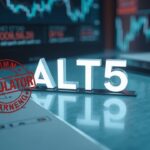 Photorealistic ALT5 Sigma logo on a glass desk, regulatory stamp, Nasdaq notice, expired auditor license, and market charts.