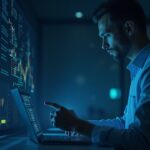 Photorealistic center portrait of an analyst reviewing a dashboard of tokenized U.S. Treasuries on the XRP Ledger with ripple visuals
