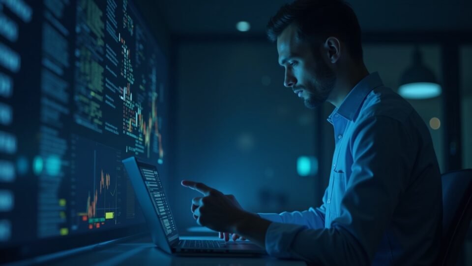 Photorealistic center portrait of an analyst reviewing a dashboard of tokenized U.S. Treasuries on the XRP Ledger with ripple visuals