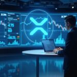 Analyst on a modern newsroom stage with a glowing XRP logo hologram above ETF tickers and charts.