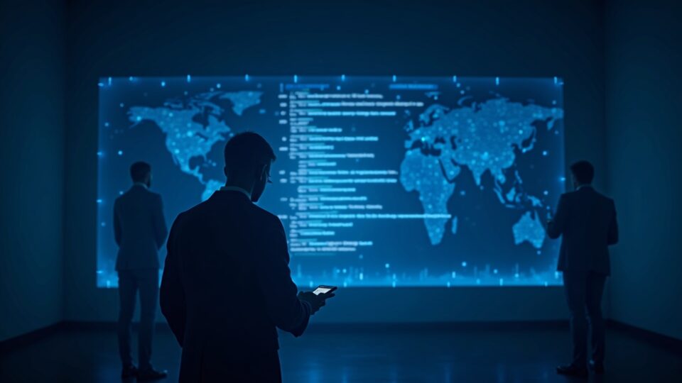 Security analyst in a control room studies a glowing smart contract as AI silhouettes drift around a DeFi blockchain.