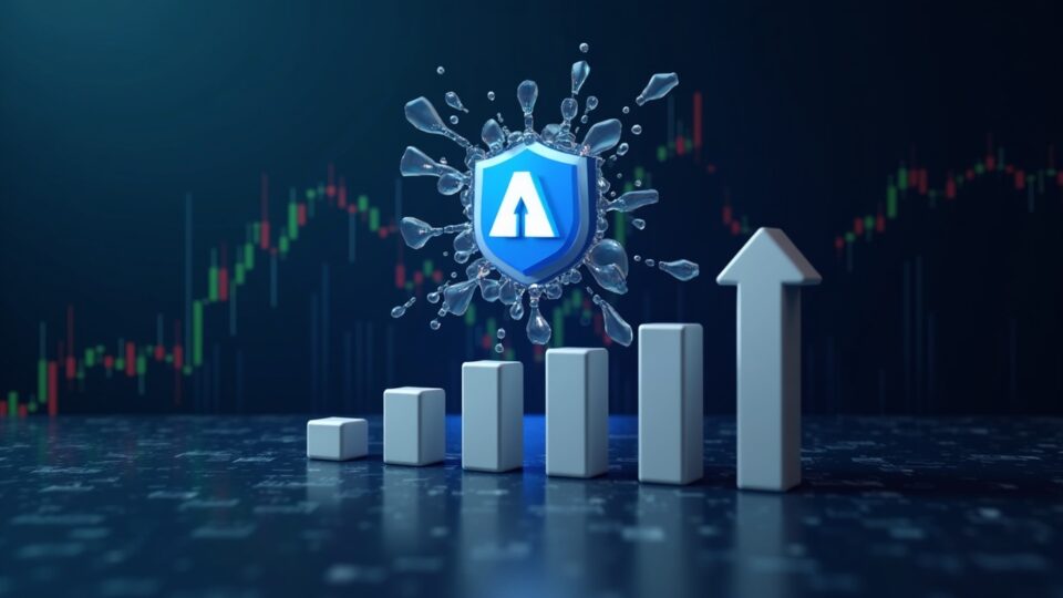 Photorealistic Aptos logo breaking through glass over a rising price chart with volume bars and a token unlock badge.