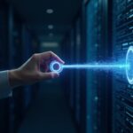Photorealistic blockchain validator in a data center with a glowing quantum key morphing into a digital signature.