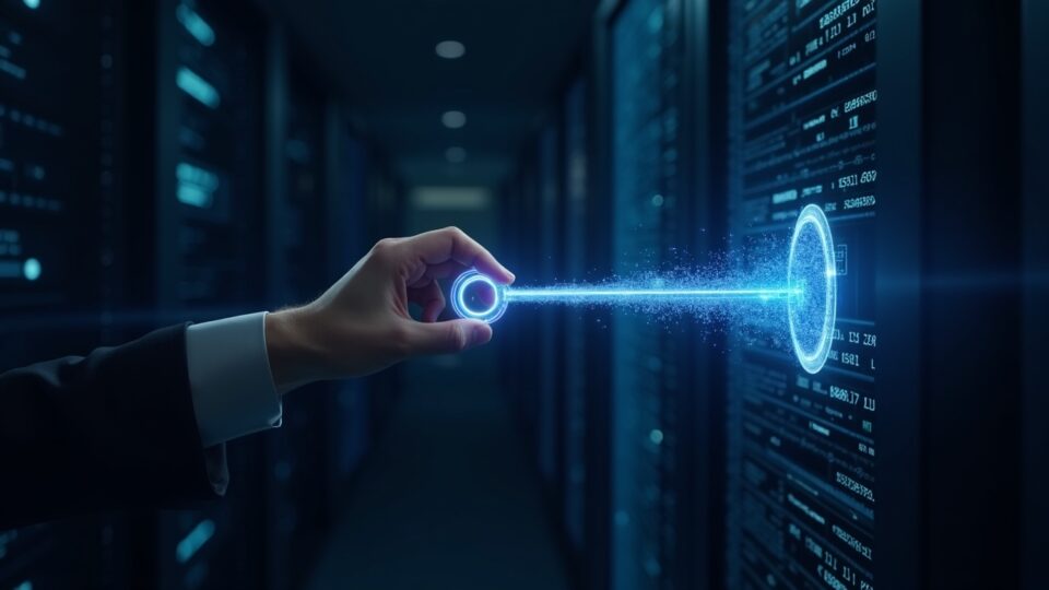 Photorealistic blockchain validator in a data center with a glowing quantum key morphing into a digital signature.