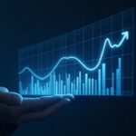 Photorealistic close-up of a trader's hands beside a holographic Aptos price chart with rising volume bars on a neon grid.