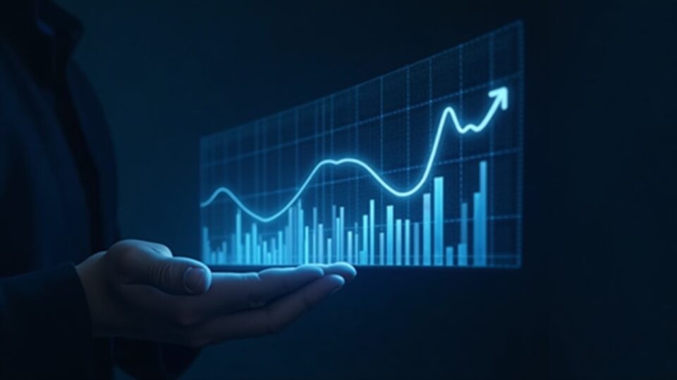 Photorealistic close-up of a trader's hands beside a holographic Aptos price chart with rising volume bars on a neon grid.