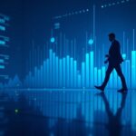 Professional investor silhouette stepping toward a glowing crypto trading screen with liquidity depth bars in neon blue