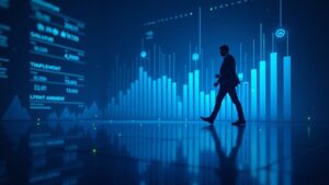 Professional investor silhouette stepping toward a glowing crypto trading screen with liquidity depth bars in neon blue