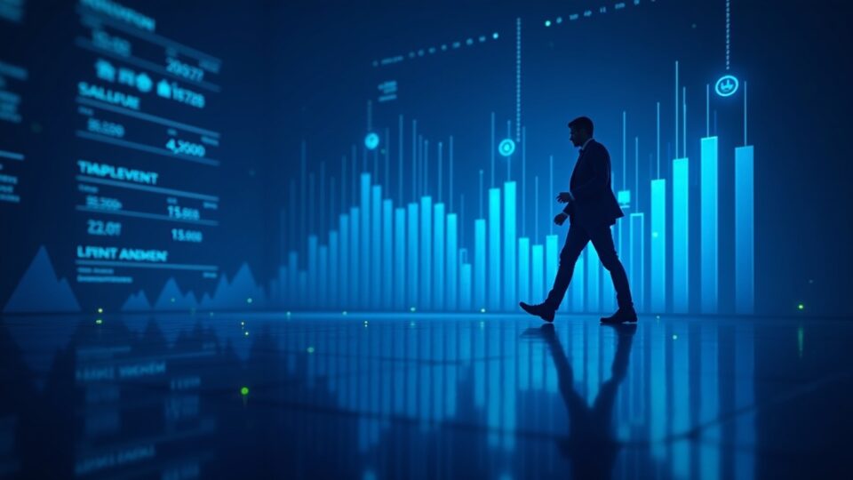Professional investor silhouette stepping toward a glowing crypto trading screen with liquidity depth bars in neon blue