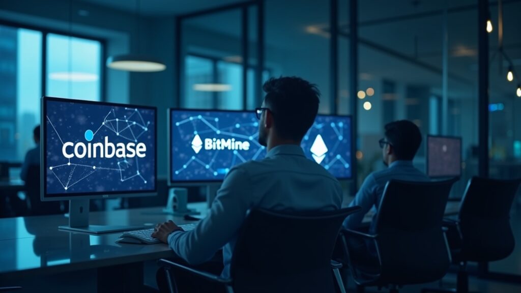 Analyst in a glass office watches Coinbase, Circle, and BitMine logos with Ethereum visuals.