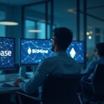 Analyst in a glass office watches Coinbase, Circle, and BitMine logos with Ethereum visuals.