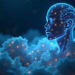 Photorealistic AI figure within a blockchain lattice and crossed-out clouds, signaling cloud-free onchain automation.