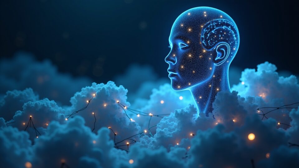 Photorealistic AI figure within a blockchain lattice and crossed-out clouds, signaling cloud-free onchain automation.