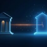 Photorealistic split image: bank facade beside a glowing digital ledger, linked by a charter beam symbolizing trust.
