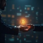 Photorealistic bank advisor hands a glowing Bitcoin to a client, with a blockchain glow in the background