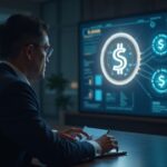 Photorealistic banker in a sleek office with a stablecoin symbol and reserve hologram, ringfenced subsidiaries diagram.