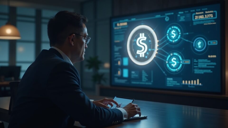 Photorealistic banker in a sleek office with a stablecoin symbol and reserve hologram, ringfenced subsidiaries diagram.