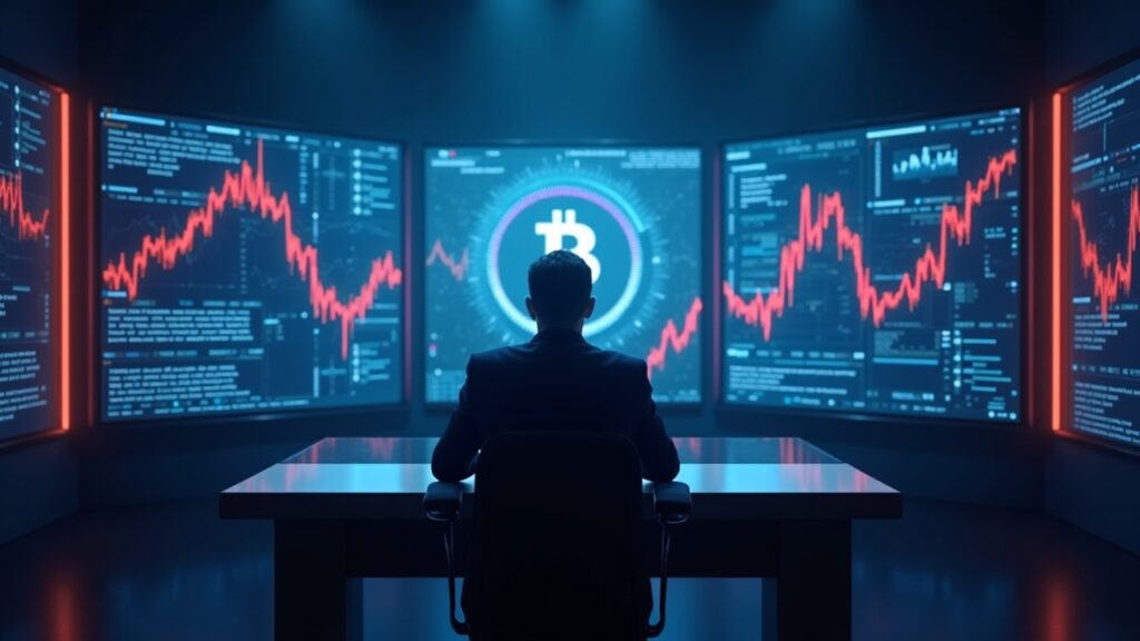 Photorealistic newsroom with a central executive at a desk, Bitcoin screens, red bearish arrows, and cool blue lighting.